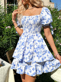 Women'S Resort Style Square Neck Floral Print Puff Sleeve Ruffle Hem Dress