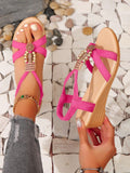 Women's Style Beaded Mid-Heel Hot Pink Sandals With Open Toe And Wedge Heel (Note: Size Runs Small, Please Order One Size Up)