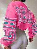 Short Text Printed Round Neck Casual Sweatshirt With Drop Shoulder Sleeve