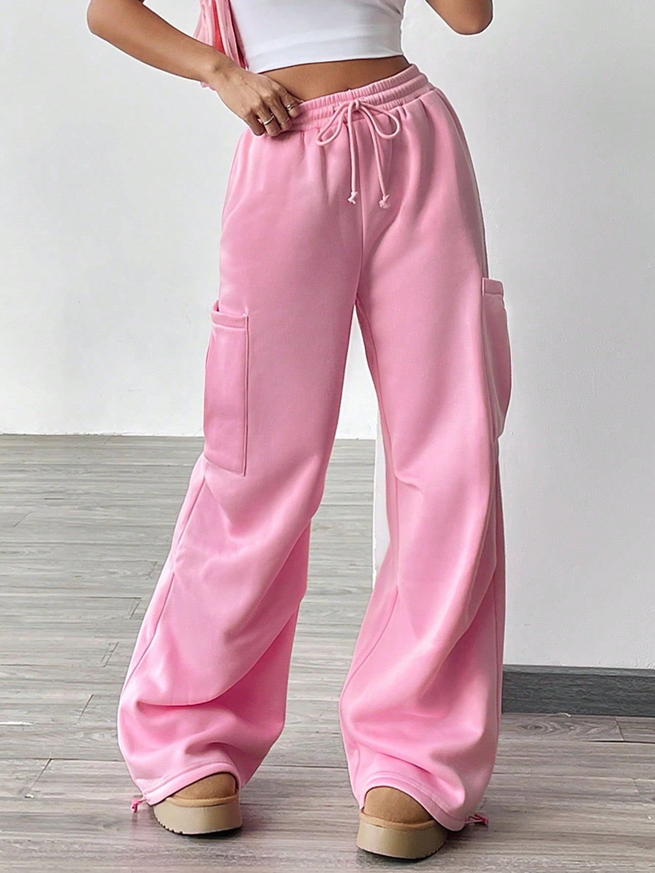 Women's Solid Color Drawstring Waist Tied Pocket Wide Leg Loose Fitness Pants