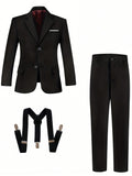 Tween Boy Three-Piece Stylish Black Suit Set With Suit, Pants And Suspenders
