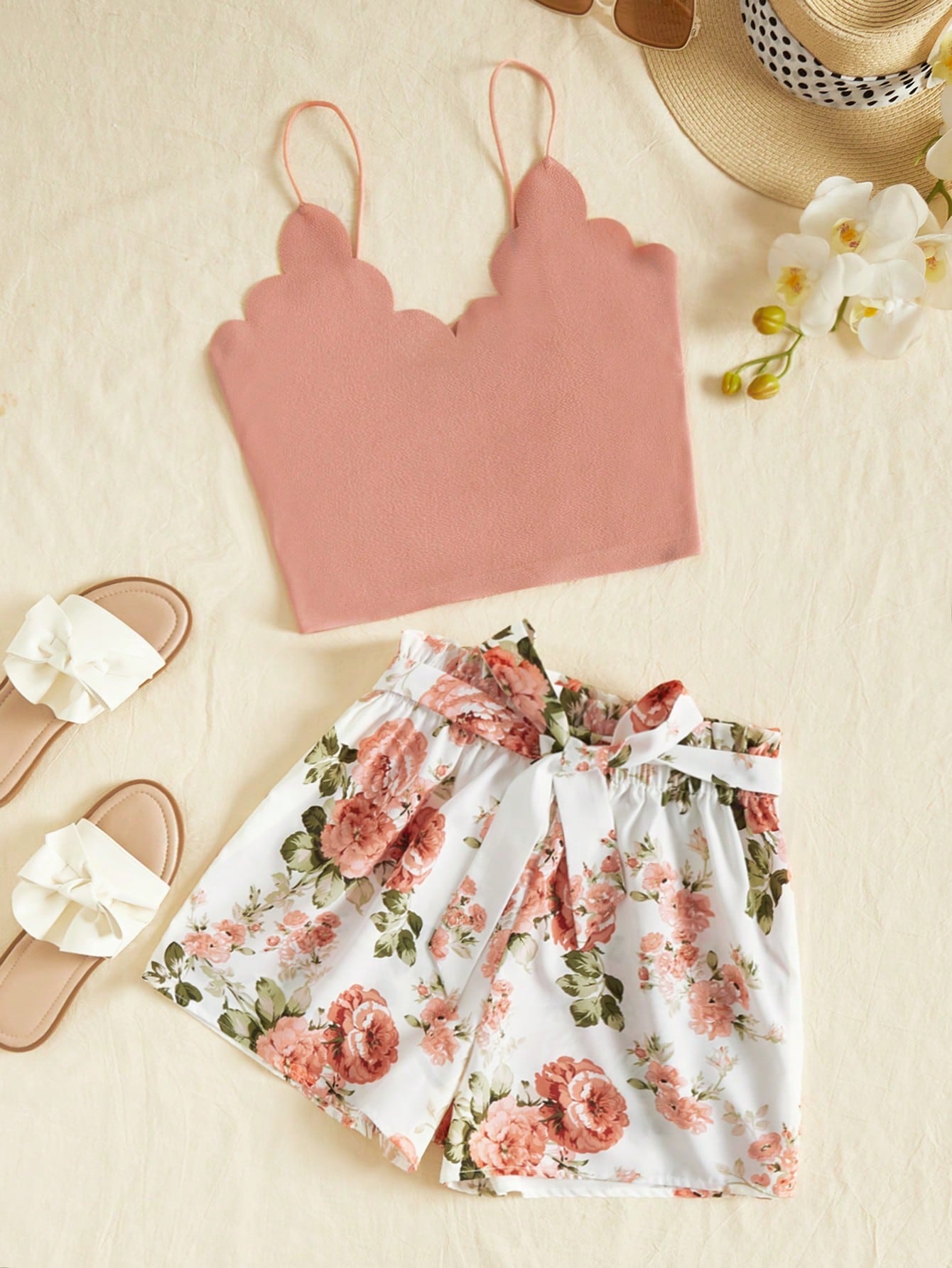 Shell Trim Halter Tank Top And Floral Summer Shorts Two-Piece Set
