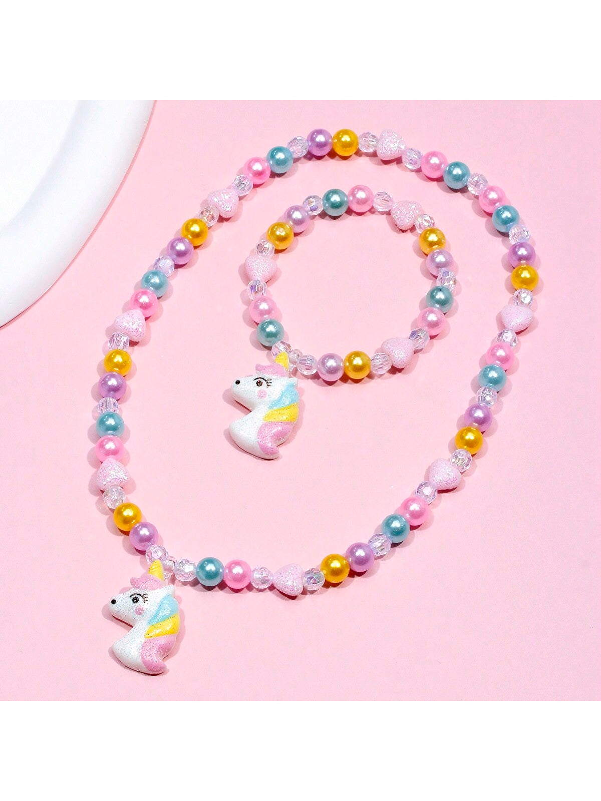 2pcs/Set Kid Girls' Cute Unicorn Pendant Charm Beaded Bracelet And Necklace Set(Random Color) For Festival Party Birthday Gift Accessories