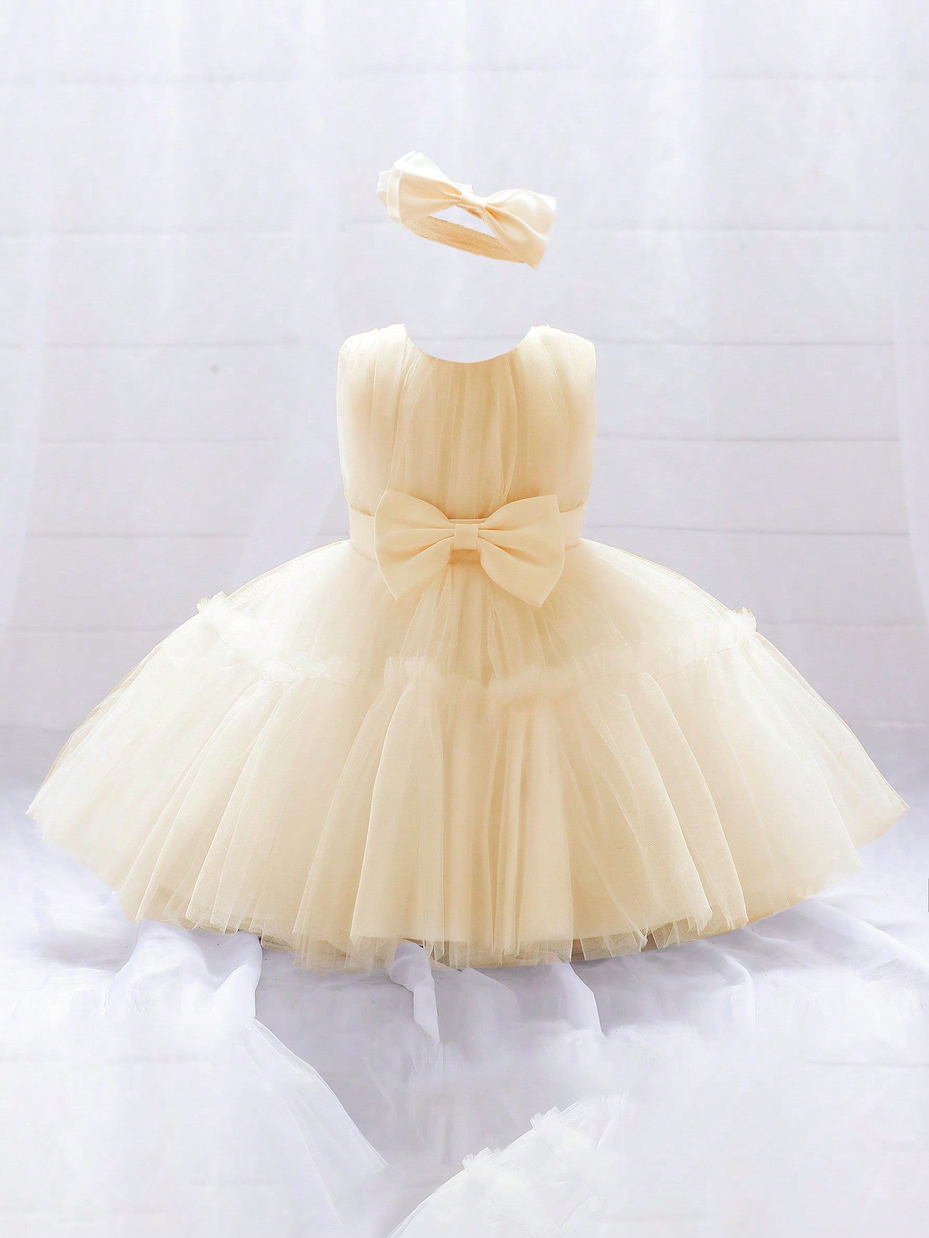 Young Girls' Solid Color Tulle Satin Dress With Waist Bowknot Decorations, Cute & Elegant Formal Dress, Comes With Hair Accessory Gift