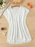Teenage Girls' White Solid Dress With Ruffle Sleeve & Floral Decoration, Suitable For Beach Vacation