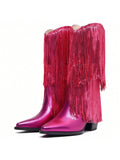 Fringe Rhinestone Boots Cowboy Boots Pointed Toes Chunky Heel Mid Calf Boots Pull On