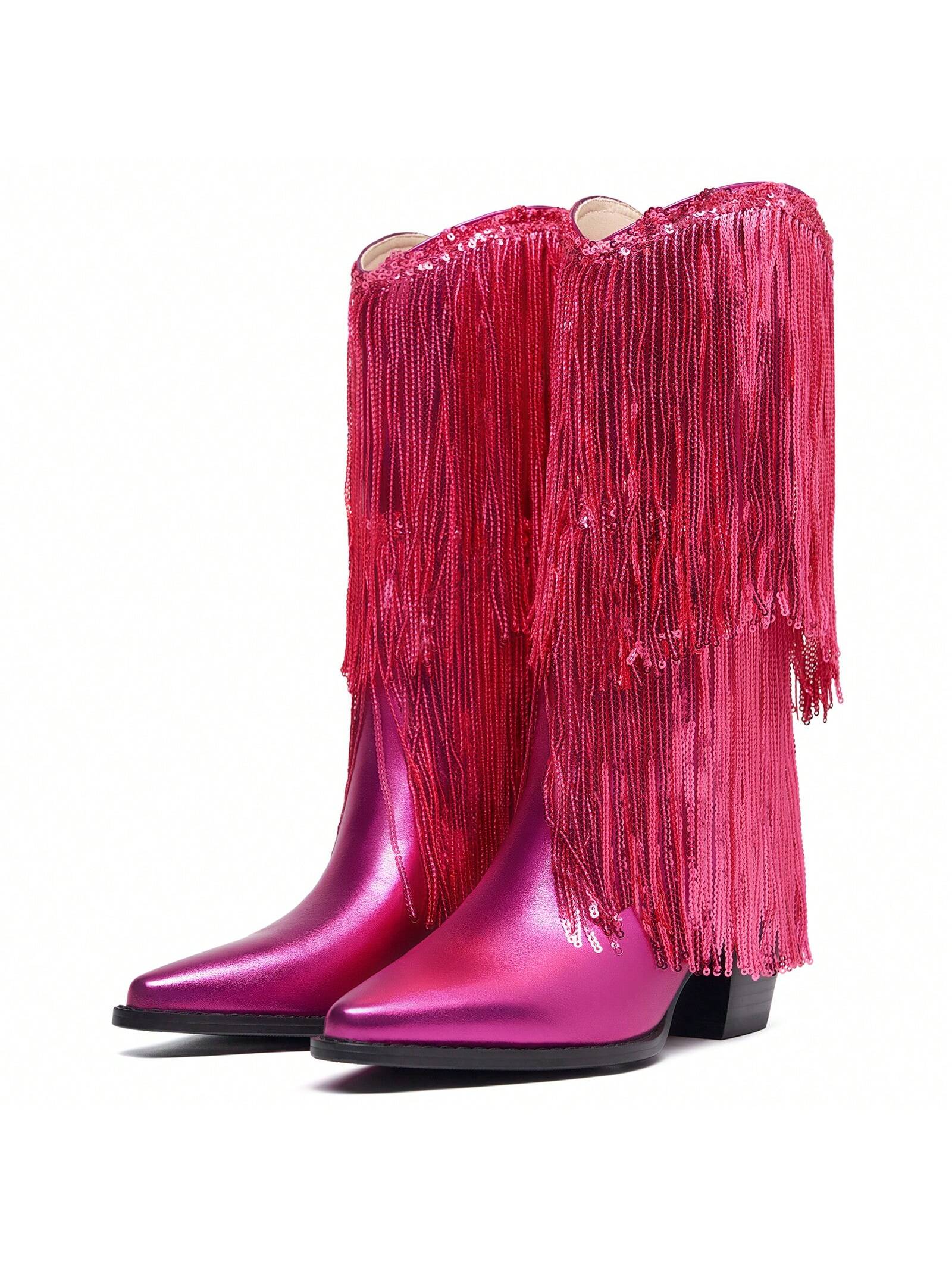 Fringe Rhinestone Boots Cowboy Boots Pointed Toes Chunky Heel Mid Calf Boots Pull On