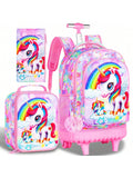 Backpack For Girls, 3PCS Wheeled School Bag With Lunch Bag For Kids, Water Resistance Roller Wheels Bookbag - Unicorn Pink