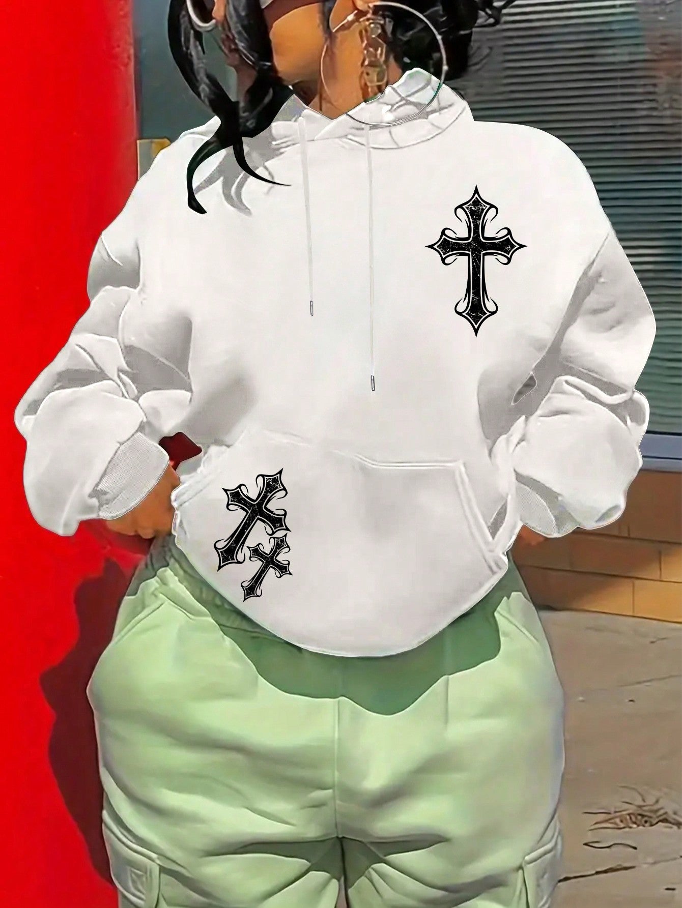 Women's Cross Print Kangaroo Pocket Drawstring Hooded Sweatshirt
