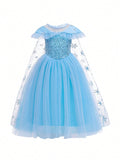 Young Girl Solid Sequin Birthday Wedding Princess Dress With Cape, Suitable For Performances, Parties And Vacations