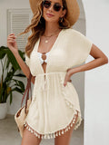 Swim Summer Beach Women's Drawstring Waist Paneled Fringed Kimono Blouse