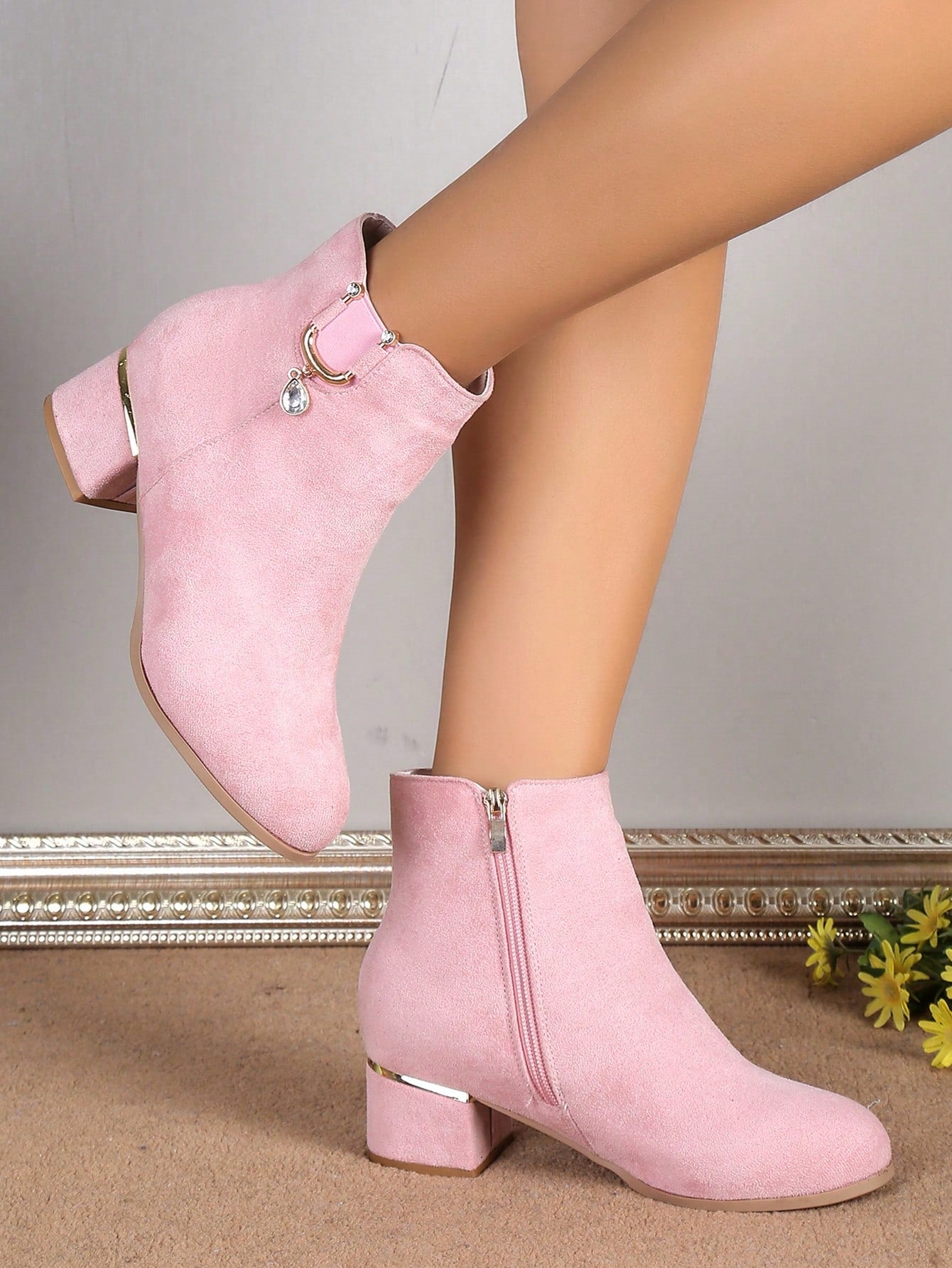 Women's Fashionable And Elegant Short Boots With Middle/Chunky Heels, Suede Material, Rhinestone Pendant, Side Zipper Closure, Pink Color