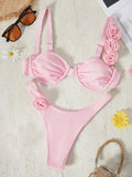 Bikinx Solid Color Underwire 3d Flower Design Sexy Bikini Set