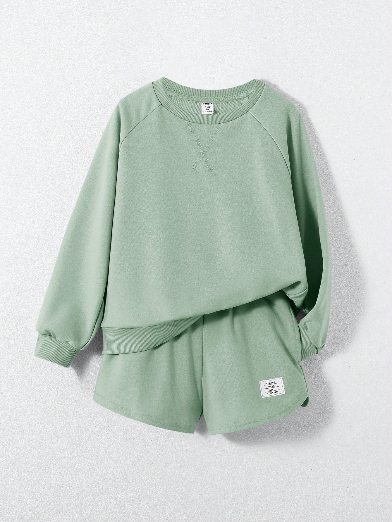 Tween Girl Letter Patched Raglan Sleeve Pullover & Shorts