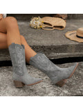 Ladies Fashionable Embroidered Western Style Slip-On Mid-Calf Boots With Wedge Heels