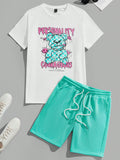 Men'S Cartoon And Letter Print Short Sleeve T-Shirt And Knitted Shorts Casual 2pcs/Set
