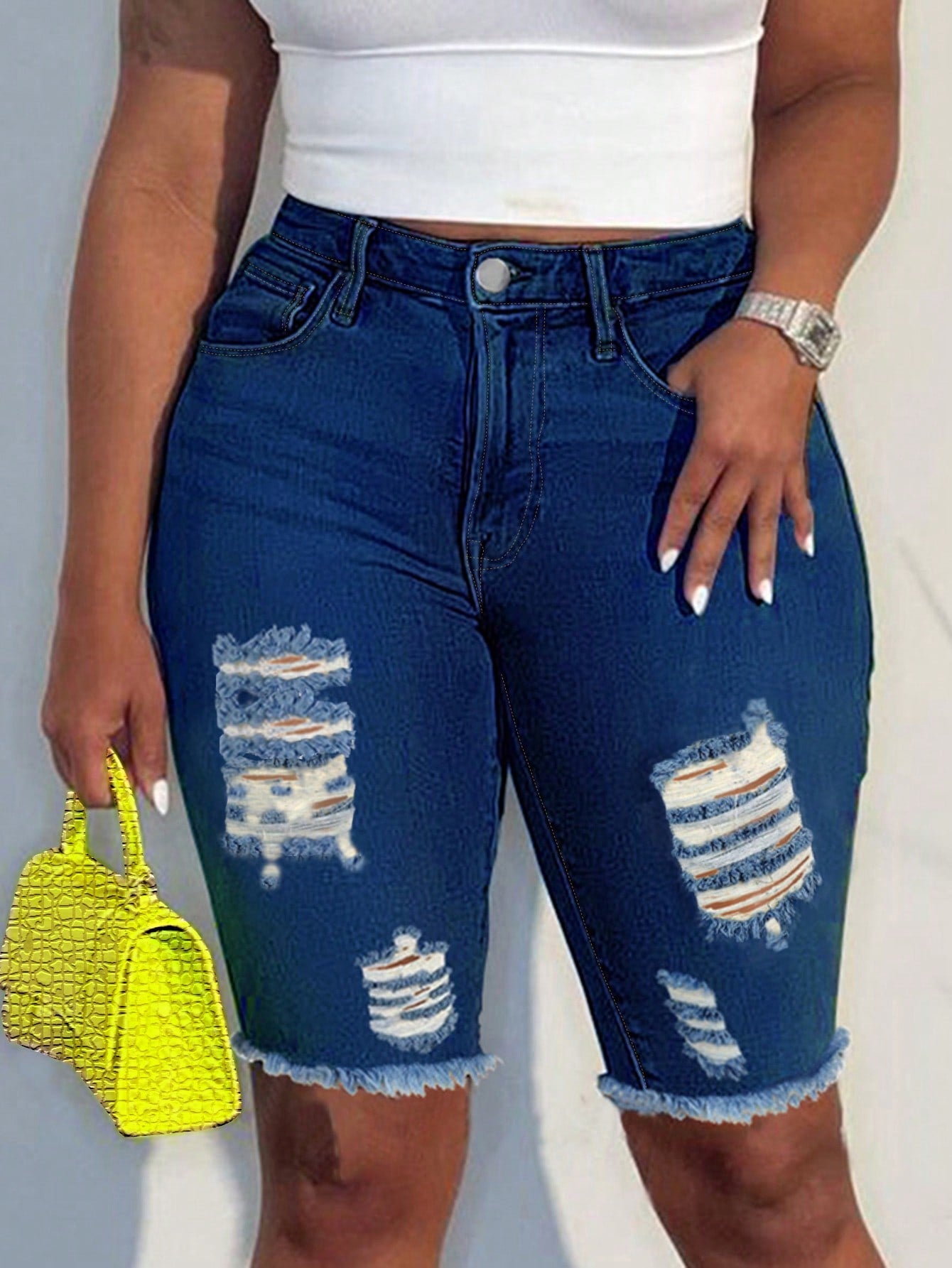 Ripped Raw Hem Denim Shorts