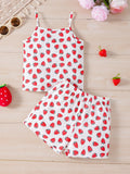2pcs/Set Young Girl Knitted Strawberry Pattern Camisole Top And Loose Shorts Pajama Set