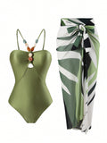 2pcs Swimsuit Set With Jumpsuit Style Strap And Tummy Covering Sheer Skirt, Slimming Effect