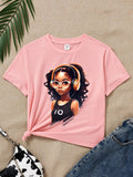 Tween Girls' Casual Minimalist Portrait Printed Short Sleeve T-Shirt, Summer