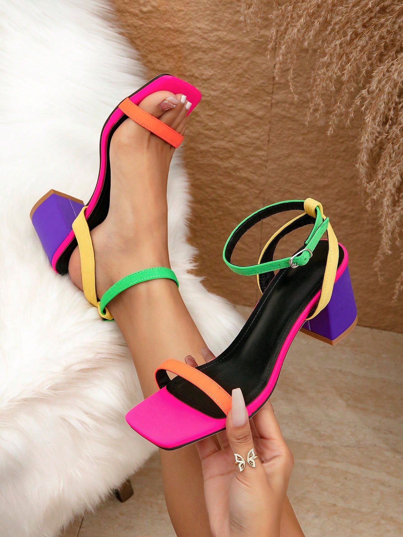Women's Multiple Colors High Heels With Square Toe, Fashionable And Elegant Ankle Strap Block Sandals For Commuting And Parties