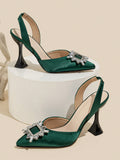 Women's Stiletto Heel, Rhinestone Decorated Square Buckle Slingback Pumps