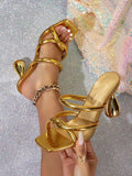 Women's Brand Gold Decorated Pyramid High Heel Mules Sandals, Gorgeous Party High Heels Open-Toe Sandals