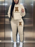 Letter And Bear Pattern Printed Fleece Lined Hoodie And Pants Set, Winter