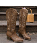 Women's Fashion Embroidered Leather Wedge Heel High Boots, Cowboy Boots For Women