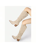 Women Cowboy Knee-High Boots Pointed Toe Wide Calf Mid Chunky Heel Ladies Slouchy Boots
