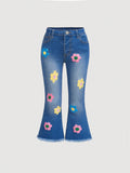 Young Girl Floral Print Raw Hem Flare Leg Jeans