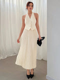 Ladies' Valentine's Day Halter Neck Single Breasted Vest And Pleated Skirt Two Piece Set