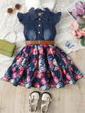 Young Girl Casual Denim Splicing Flying Sleeve Shirt Dress, With Large Floral Pattern Print And Leather Belt, Suitable For Beach Vacation, Summer