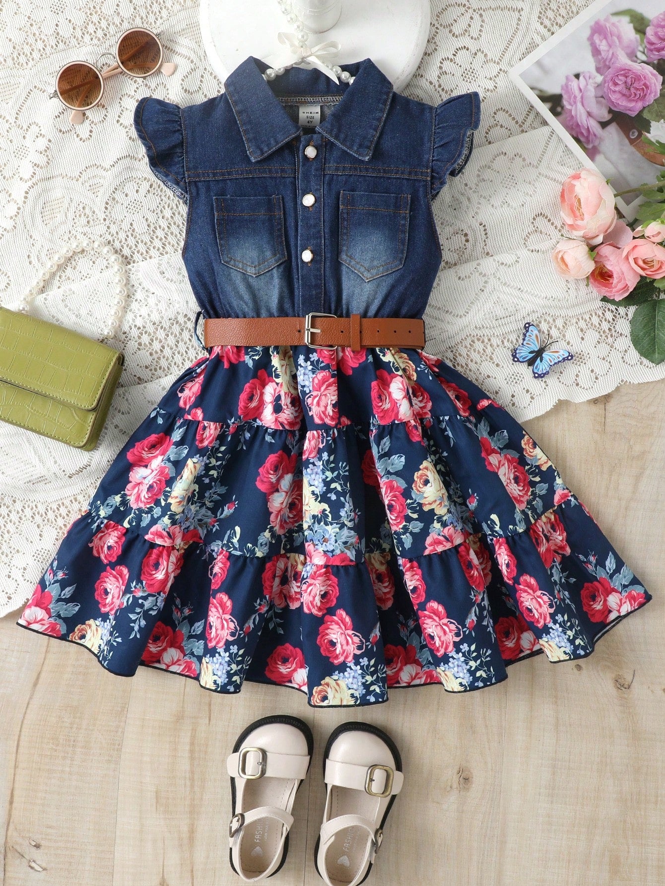 Young Girl Casual Denim Splicing Flying Sleeve Shirt Dress, With Large Floral Pattern Print And Leather Belt, Suitable For Beach Vacation, Summer