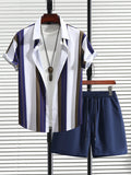 Men'S Plus Size Striped Short Sleeve Shirt And Shorts Set