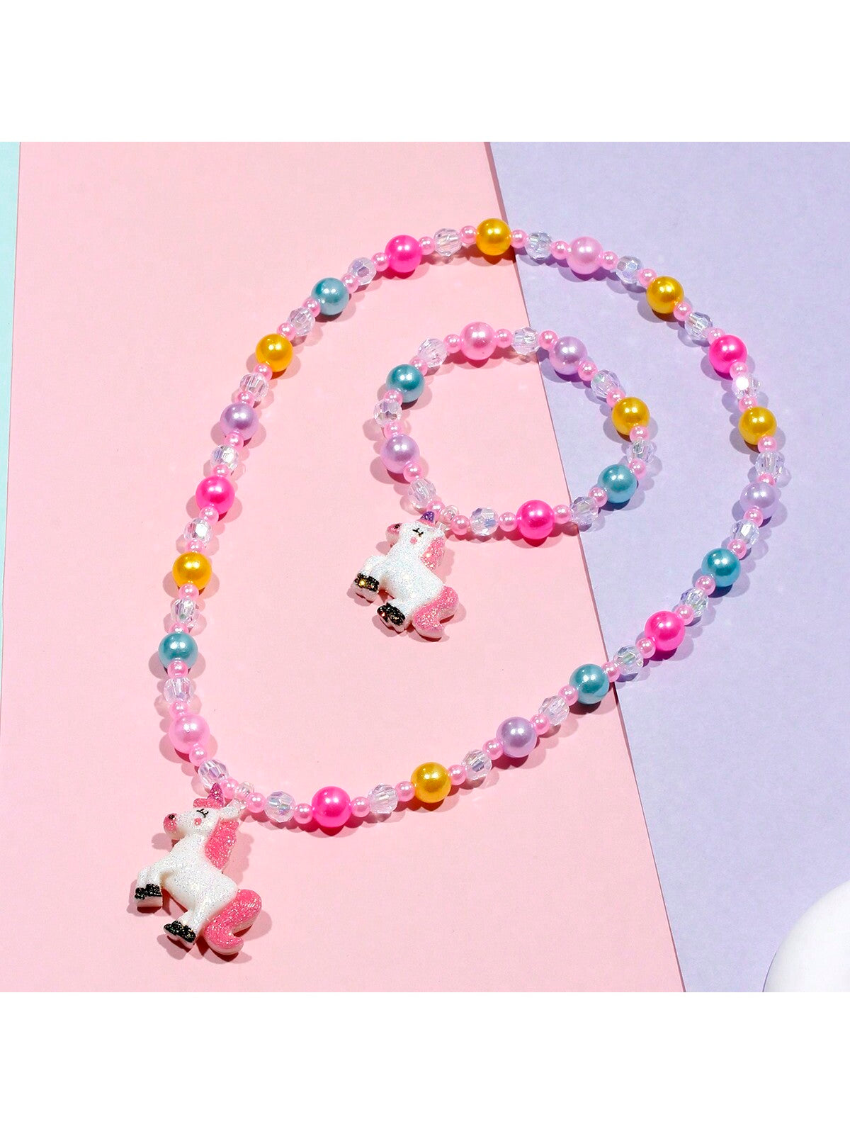 2pcs/Set Girls' Lovely Unicorn Pendants Charm Beaded Bracelet & Necklace Set, Random Color For Festival Parties Birthday Gifts Accessories