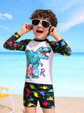 Young Boy Cute Dinosaur Printed Long Sleeve T-Shirt And Square-Leg Swimming Trunks