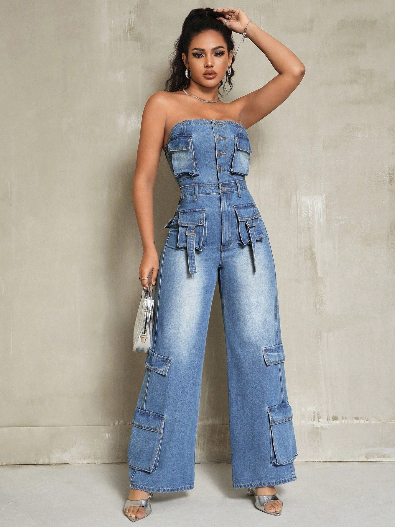 Water Washed Denim Overalls Jumpsuit With Flap Pockets