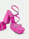Simple Rhinestone Strap Thick Sole Fashion Hot Pink Sandals