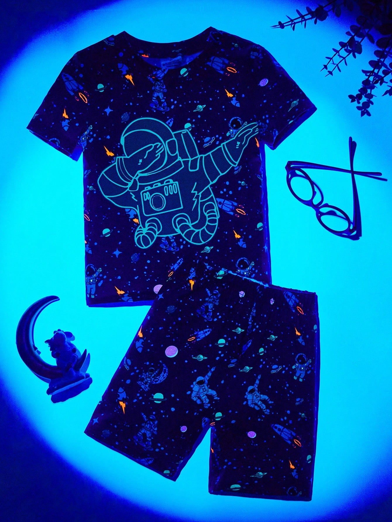 Teen Boy Snug Fit Casual Short Sleeve Top And Night Glow Print Shorts Set For Home Wear, Pajamas