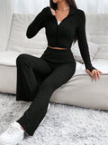Ladies' Zipper Front Cropped Top And Long Pants Two-Piece Set