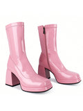 ISNOM Gogo Boots For Women, With Square Toe, Side Zipper And Chunky Heel Design, Sassy And Glaring