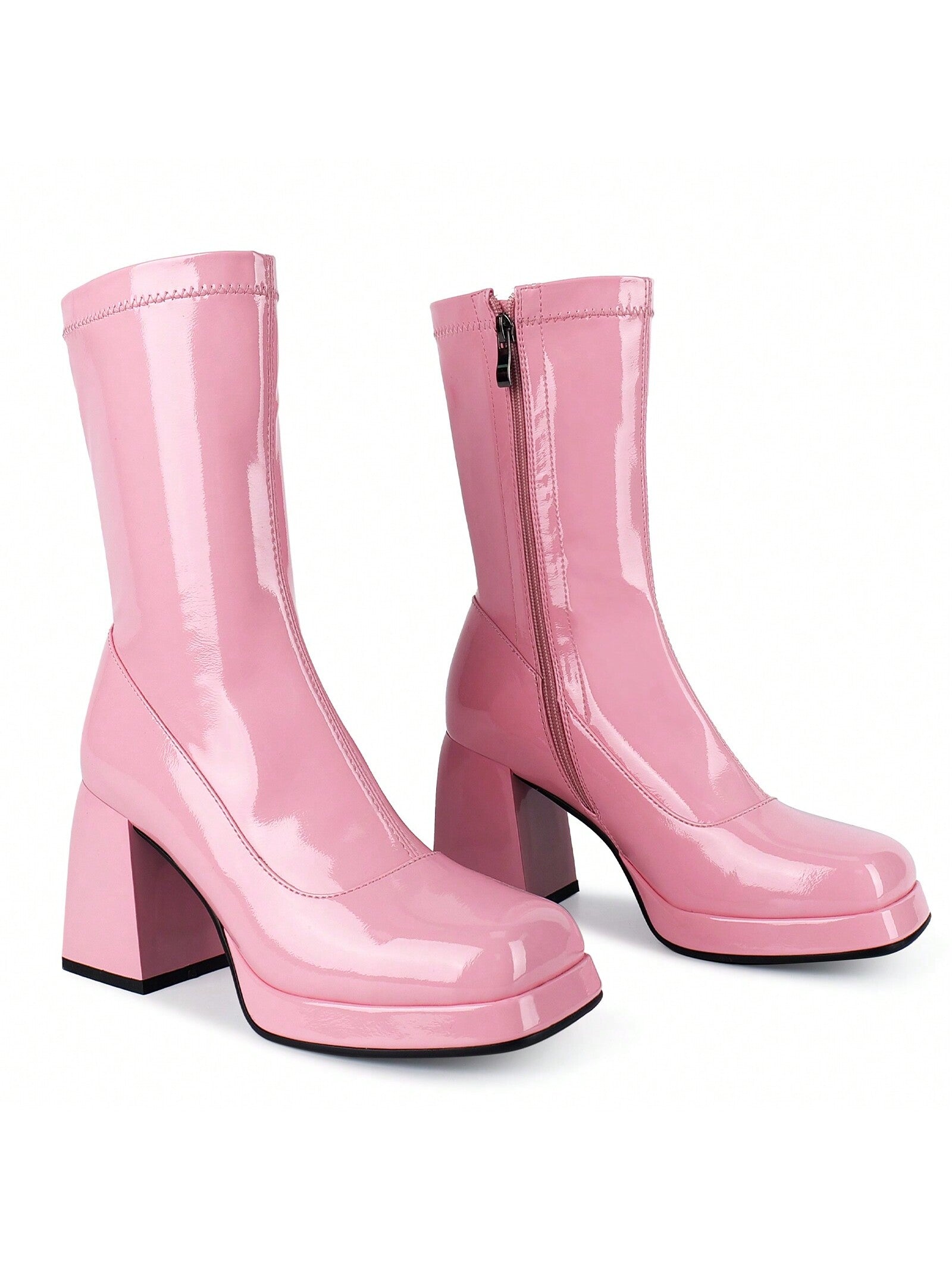 ISNOM Gogo Boots For Women, With Square Toe, Side Zipper And Chunky Heel Design, Sassy And Glaring