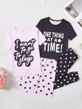 Tween Girls' Simple Letter Printed Shorts & Short Sleeve T-Shirt & Pants 2pcs/Set Snug Fit Home Wear Outfits