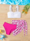 Young Girl Heart Flower Patterned Bikini Set 3-Piece Set, Fashionable Vacation Beachwear, Mommy And Me Matching Outfits (3 Sets Sold Separately) Summer Beach