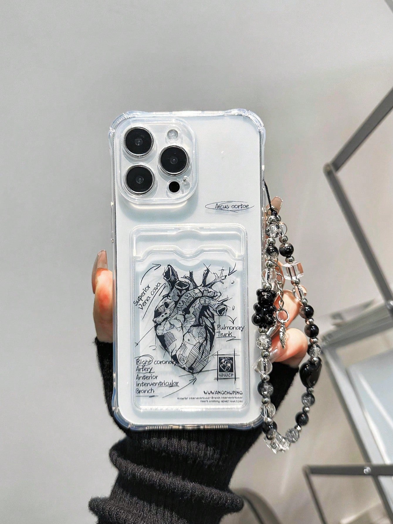 With Phone Charm Card Holder With Heart Shaped Cartoon Painting & Extra Bear Chain, Multi-Functional, 4 Corners Anti-Fall, Transparent Hand Strap Design, Thickened Shockproof Phone Case, Compatible With Iphone