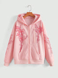 Punk Women'S Crop Hoodie With Cross & Plant Print And Zipper Front