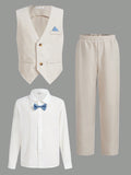 3pcs/set Tween Boys' Shirt, Vest, And Pants Outfit With Bow Tie