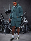 Men's Plus Size Loose Fit Half-Zip Drawstring Hooded Sweatshirt & Shorts Set