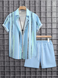 Men's Plus Size Striped Printed Shirt And Solid Color Shorts 2pcs/Set